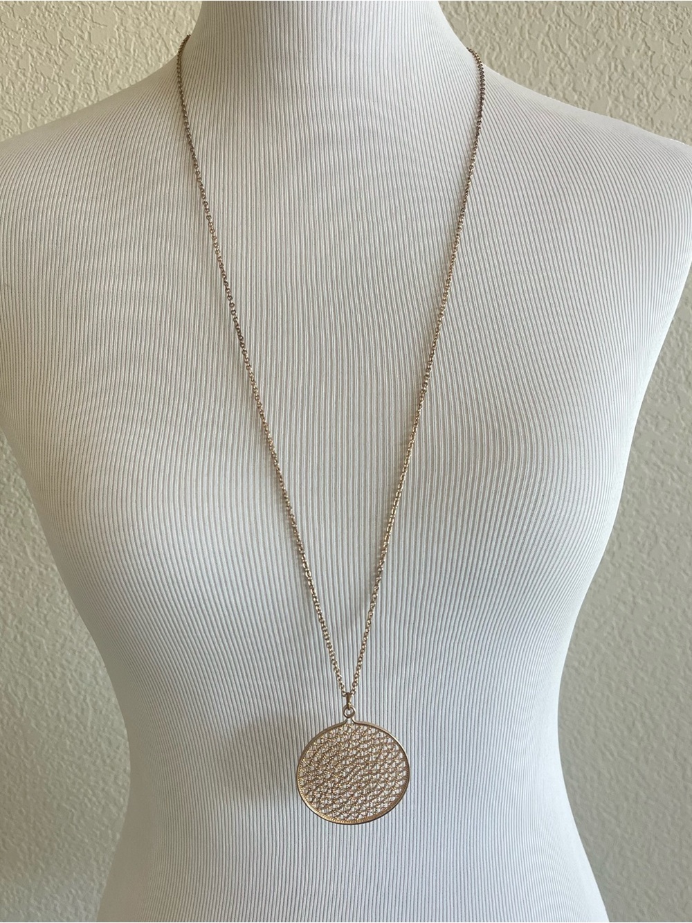 Long Pendant Necklace with Textured Round Medallion - Gold